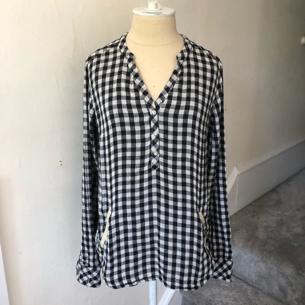 Maison Scotch Womens Check Plaid Black Ivory Leather Trim Pocket Blouse Size S